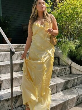 Show Me Your MuMu Pale Yellow Ruffle Satin Maxi Dress